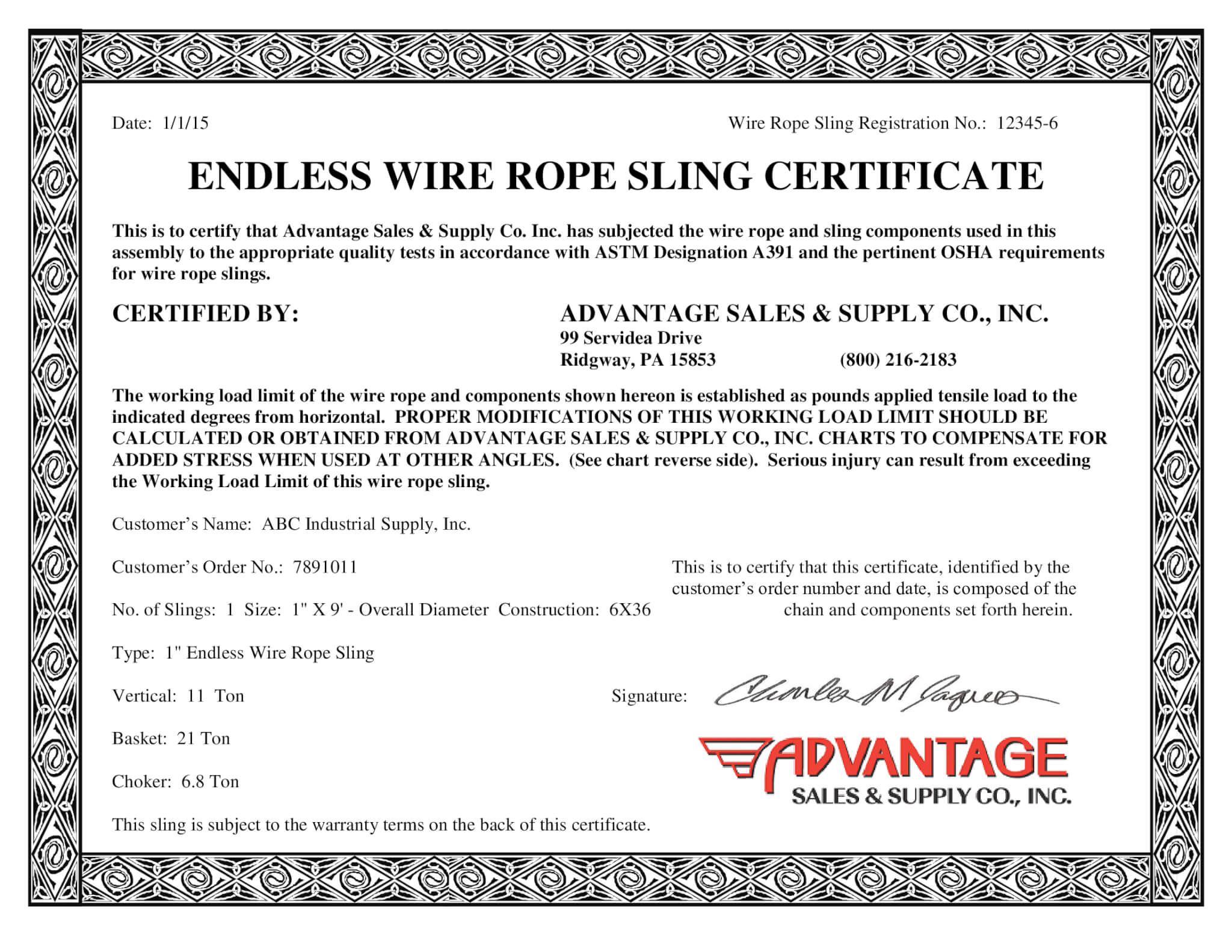 SAMPLE CERTIFICATES – Advantage Sales & Supply, LLC